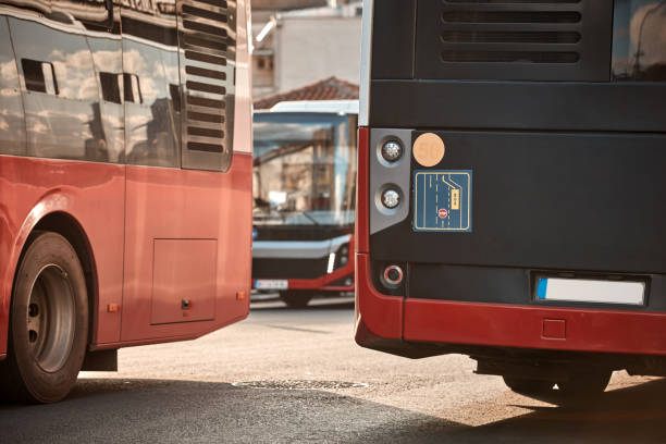 istock Red bus for public transportation parked on a station. 2184897855