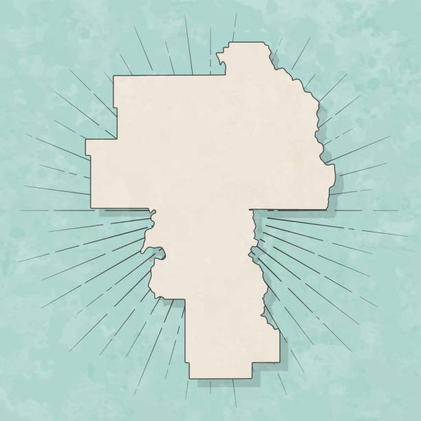 Map of Lake County - Montana, in a trendy vintage style. Beautiful retro illustration with old textured paper and light rays in the background (colors used: blue, green, beige and black for the outline). Vector Illustration (EPS file, well layered and grouped). Easy to edit, manipulate, resize or colorize. Vector and Jpeg file of different sizes.