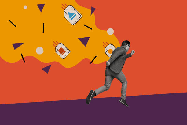 istock Composite collage image of black white effect person running fast uploading files isolated on drawing red background 2184904335