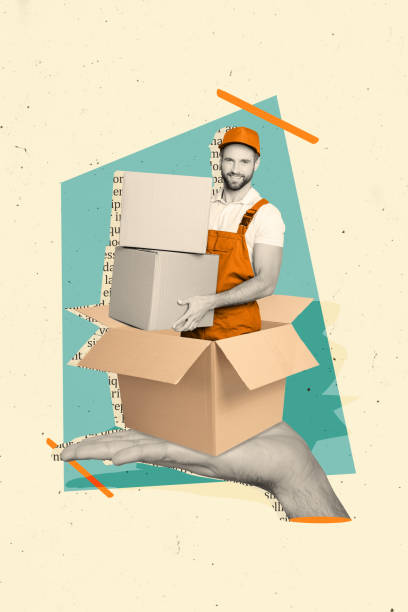istock Vertical creative composite abstract photo collage of cheerful man courier hold boxes on large hand isolated on beige color background 2184904639