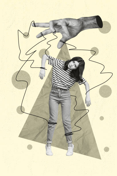 istock Vertical collage image of big black white effect arm fingers hold tied strings mini puppet girl isolated on painted background 2184905616