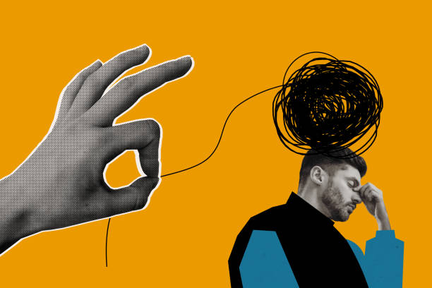 istock Composite 3d collage creative photo of hand untangle ball man depression need untangle problems isolated on orange color background 2184907195