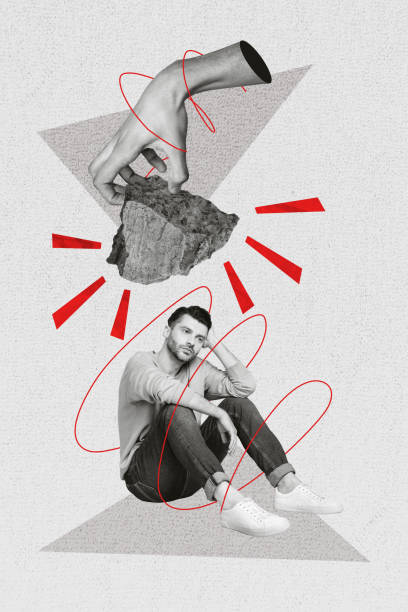 istock Vertical collage image of black white effect arm hold rock above stressed mini guy isolated on painted grey background 2184907240