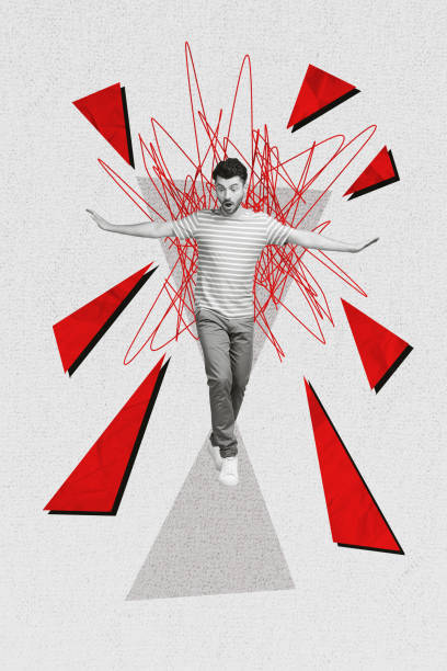 istock Vertical collage image of impressed black white effect guy worried walking balancing drawing mess isolated on grey background 2184907245