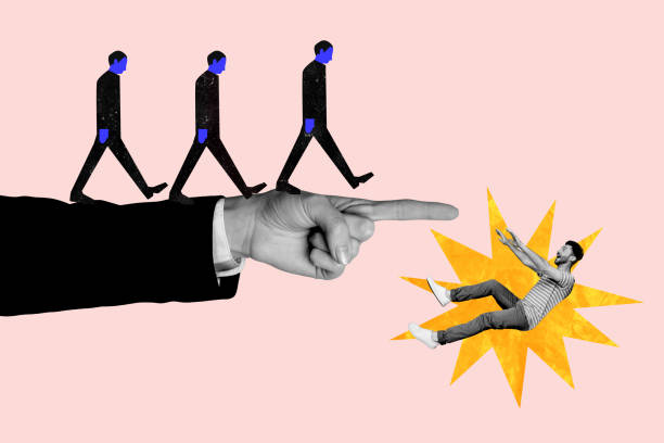 istock Creative photo collage of funny young guy falling down shaming finger directing him stop corporate bullying isolated on pink background 2184907280