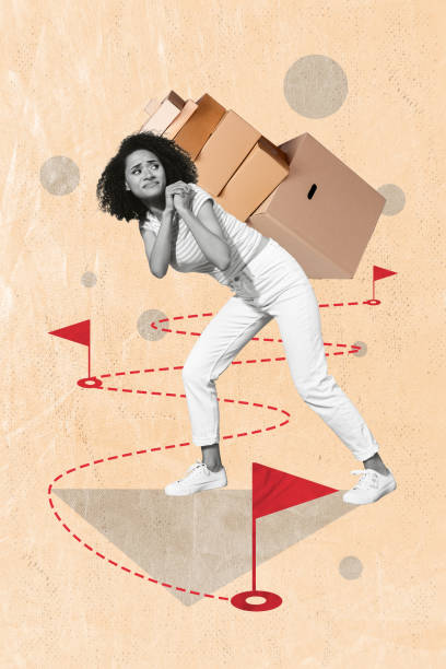 istock Vertical collage image of black white effect girl carry pile stack heavy boxes back delivery destination flags isolated on beige background 2184908060