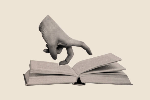 istock Creative abstract collage of library concept human fingers throwing letters open new encyclopedia studying isolated on beige background 2184908231