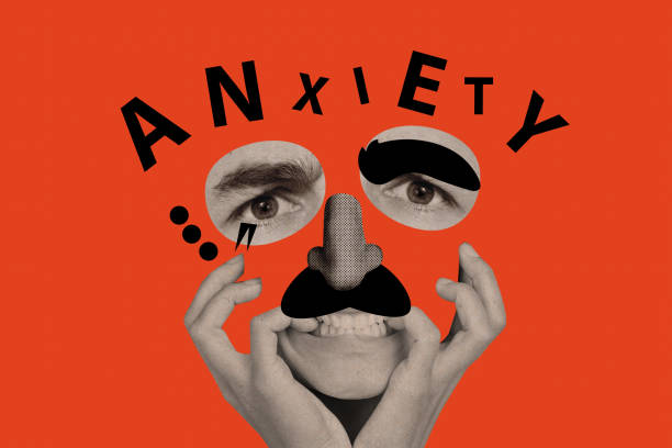 istock Creative absurd collage illustration of human painted face biting nails nervous stressed feeling anxiety isolated on red background 2184908248