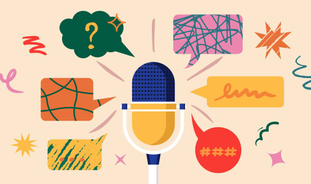 Concept of Communication and Conversation during a podcsat. Expressive Exclamation Speech Bubbles with Doodles and Strokes for Text Concept of Communication and Conversation during a podcsat. Expressive Exclamation Speech Bubbles with Doodles and Strokes for Text podcasting stock illustrations