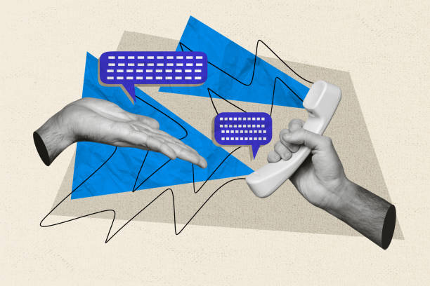 istock Creative collage image of two black white effect arms hold dialogue message bubble handset cable phone isolated on painted background 2184908432