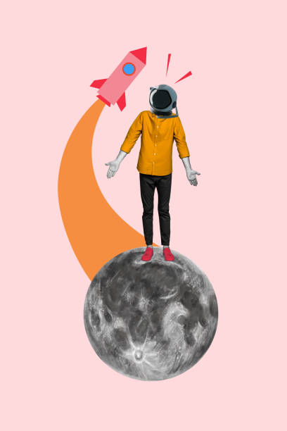 istock Vertical collage image of clueless black white effect astronaut guy stand moon miss flying spaceship isolated on pink background 2184908477