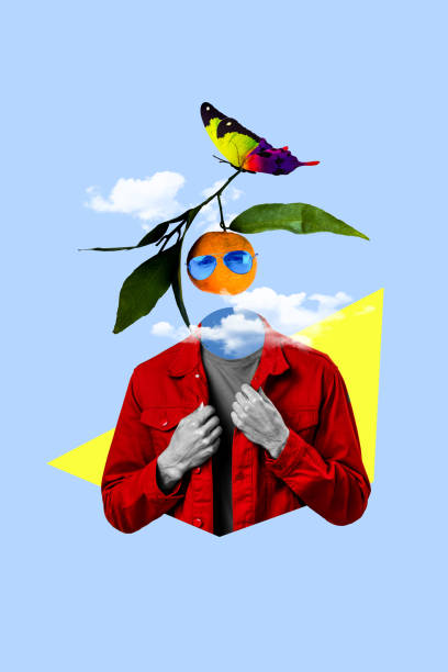 istock Vertical collage  image of black white effect guy sunglass orange tangerine fruit ripe instead head butterfly clouds sky isolated on blue background 2184908500