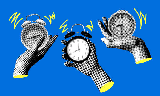 Modern collage with halftone hands holding alarm clocks Modern collage with halftone hands holding alarm clocks. Ringing alarm clock. Newspaper elements. Deadline concept. Time management popart hand stock illustrations