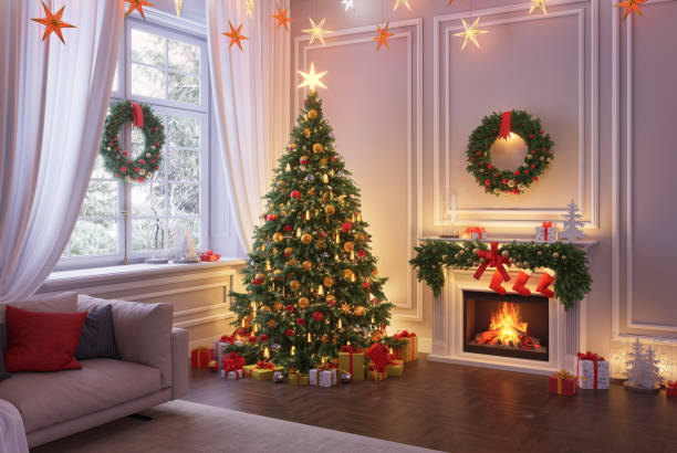 istock A room with a decorated Christmas tree with gifts underneath and a fireplace. 3D render 2184911873