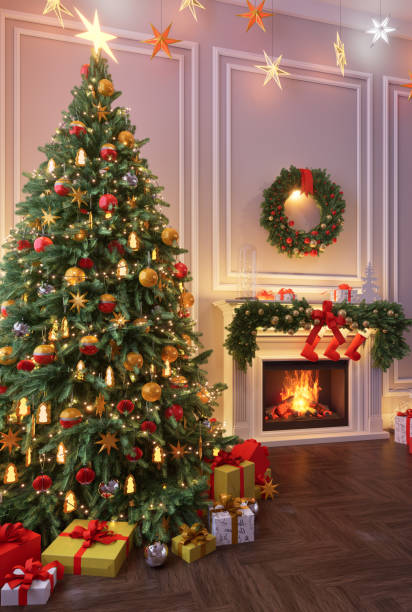 istock A room with a decorated Christmas tree with gifts underneath and a fireplace. 3D render 2184911881