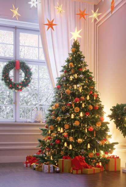 istock A room with a decorated Christmas tree with gifts underneath and a fireplace. 3D render 2184911897