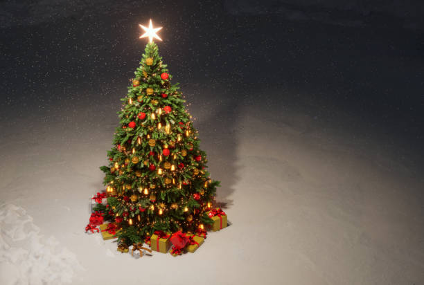 istock Decorated Christmas tree with gifts under it, outdoors in the evening under the snow. 3d render 2184911918