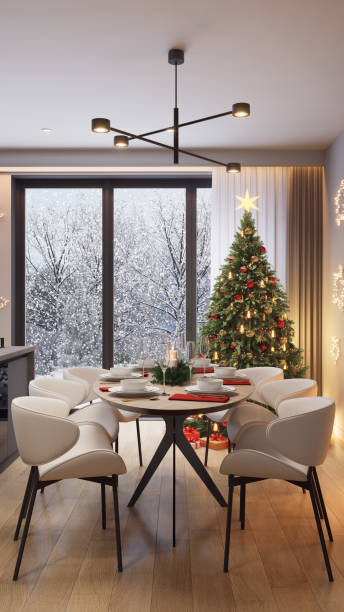 istock Christmas tree in a modern studio apartment interior. It's winter outside and it's snowing. 3D render. 2184912540
