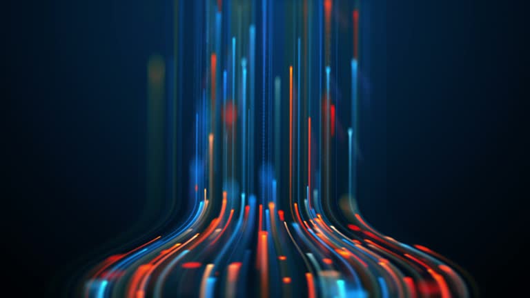 Connection cyberspace technology by particle lines stream data. Neon strips rising upwards abstract background 3D video seamless loop