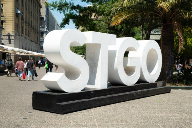 Santiago, Chile - October 25, 2024: A sign/sculpture spelling out STGO (an abbreviation of Santiago) taking pride of place in Plaza de Armas in Santiago, the capital of Chile.