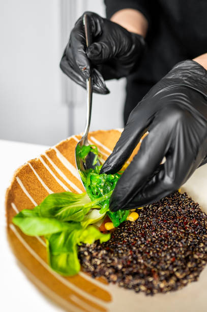 Close-up of hands in black gloves artistically plating a vibrant green salad on a circular dish with quinoa and colorful sauces. image captures the elegance and precision of gourmet food presentation.