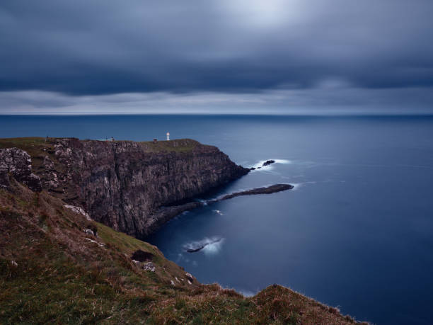 Background of a cliff with Akraberg Lighthouse surrounded by sea at Faroe Islands. Photographed in medium format.