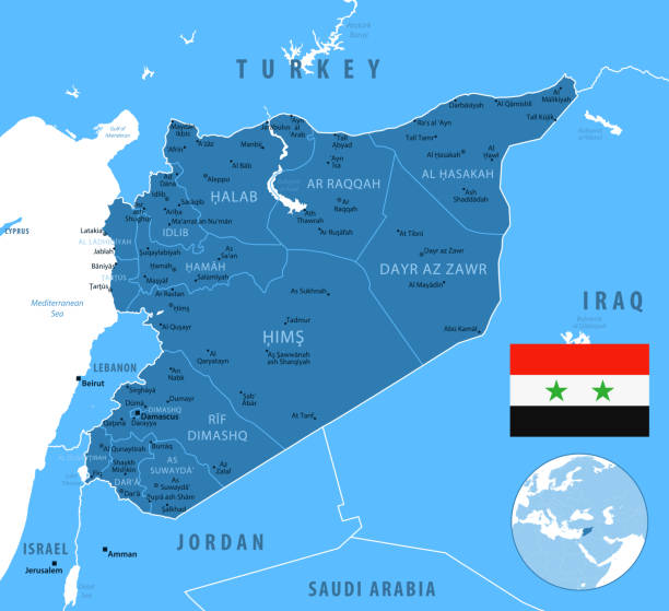 ilustraciones, imágenes clip art, dibujos animados e iconos de stock de siria - mapa detallado con regiones y ciudades del país. - siria