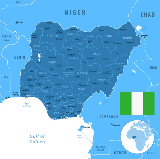 nigérie - podrobná mapa s regiony a městy země. - kano stock ilustrace