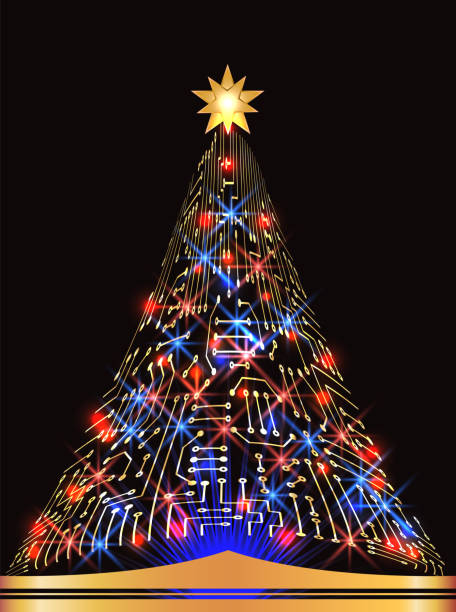 istock Christmas tree from digital electronic circuit with glowing star and sparkle lamps. New Year technical engineering card or web banner. 2184920934