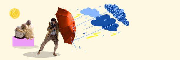 Man with umbrella shielding elderly couple from symbolic storm, representing protective role of therapy. Contemporary art collage.
