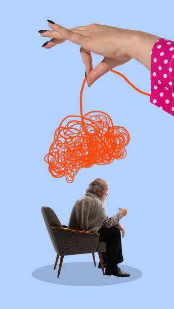 istock Hand holds chaotic string above elderly man sitting, symbolizing managing mental challenges and thoughts. Contemporary art collage. 2184924162