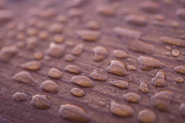 raindrops on the wooden surface, pink background, rainy days