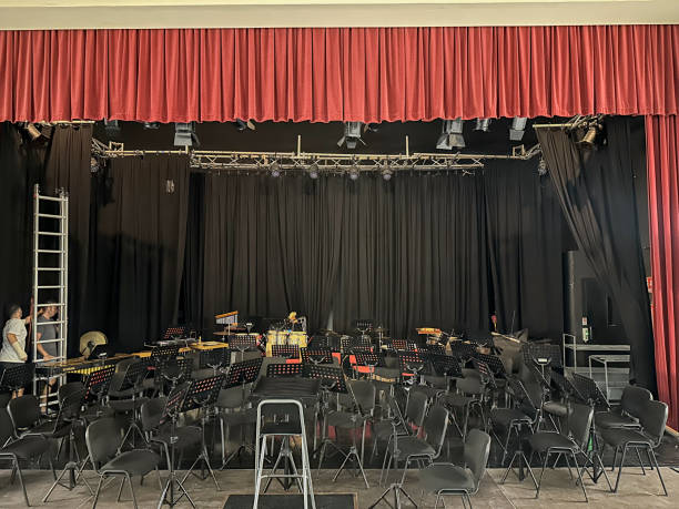 Technicians preparing the theater stage for a concert