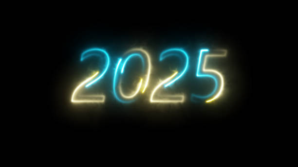 istock Bright neon illuminate digits 2025 new year design with neon glow. Light color bulbs. Abstract concept 3d illustration 2184929215