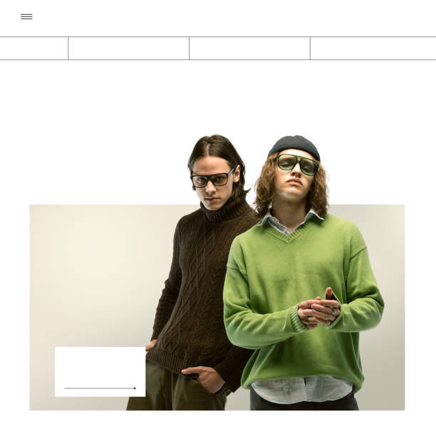 istock Two young men, one in green sweater and one in brown turtleneck, posing side by side on minimalist background. Lifestyle branding, fashion, and youth culture 2184930565