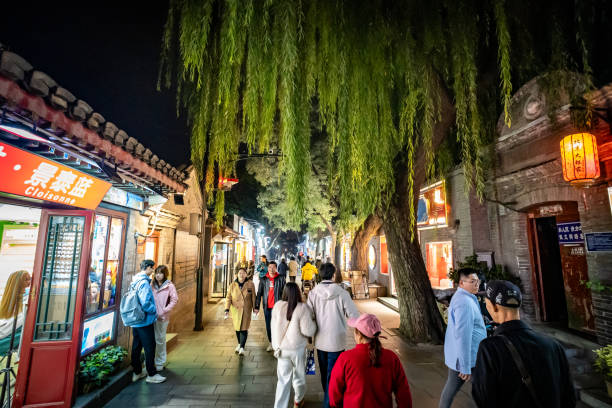 Beijing, China. 6 November 2024. Shoppers explore the narrow alleys of Dongcheng  Hutong in Beijing at night with a willow tree.