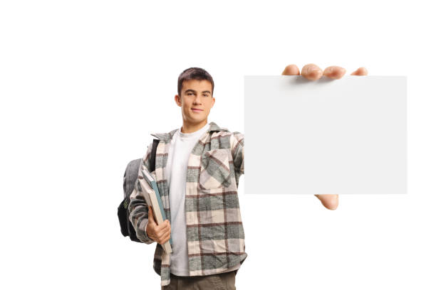 istock Male student holding a blank card 2184945113