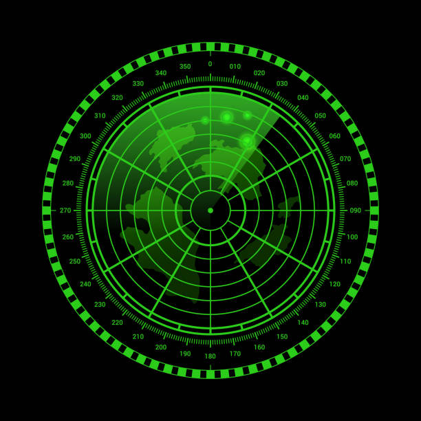 istock Green circle radar screen with scale measure sonar monitor realistic vector illustration 2184953404