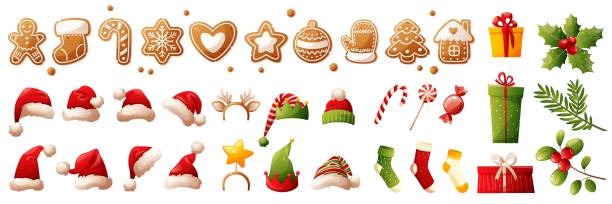 istock Collection of vector bright Christmas objects, attributes, symbols of Christmas and happy new year. Candy canes, gingerbread, gift box, Santa's hat, green plants with red berries, fir tree. 2184953783