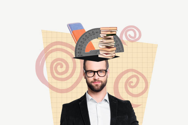 istock Collage of confident teacher in formal suit wearing specs thinking about knowledge he could give students isolated on white background 2184955108