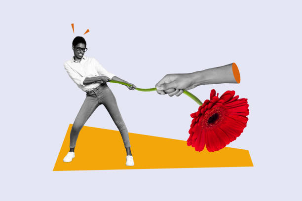 istock Collage artwork graphics picture of purposeful lady guy pulling big gerbera flower isolated painting background 2184957318