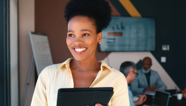 istock Vision, tablet and happy business woman with idea, planning future or creative insight. Thinking, smile or digital technology for solution, decision or news editor with inspiration in startup meeting 2184957998