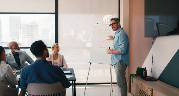 istock Corporate, man and presentation on whiteboard with people at office for report, feedback and financial growth. Clients, employees and strategy at boardroom on meeting for review, revenue and profit 2184958307