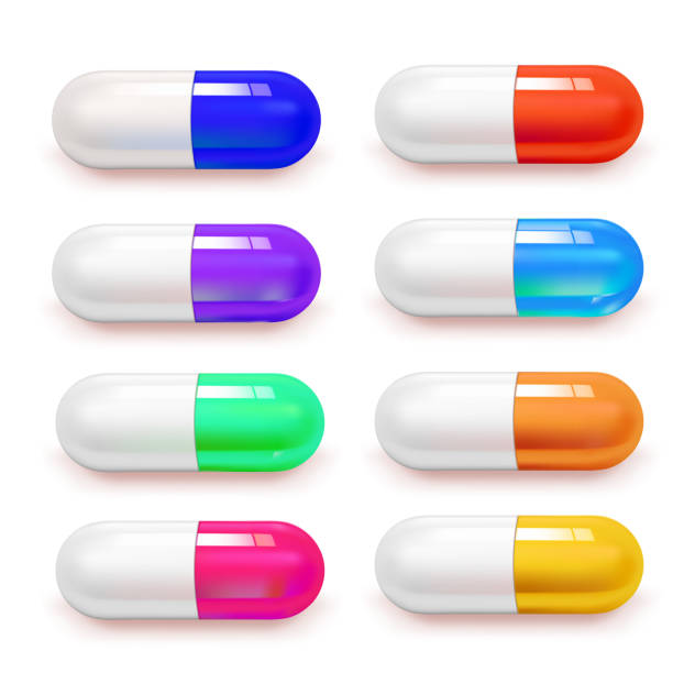 istock Realistic 3D medical pill icon set in various colors on a white background, top view, vector illustration. 2184960476