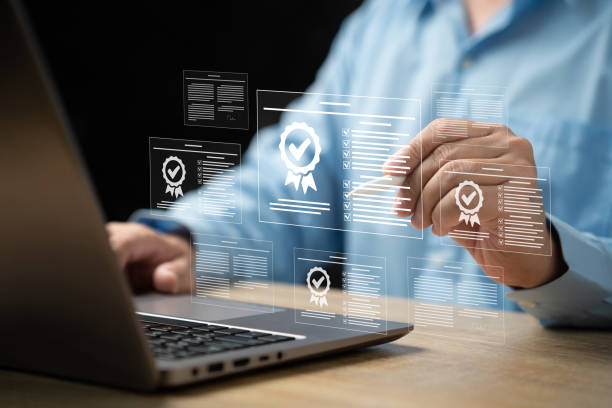 istock Certificate checklist, ISO, Top service and best satisfaction concept, Businessman check on certificate checklist and document approved Assessment for certificate, International Standard of product 2184964645
