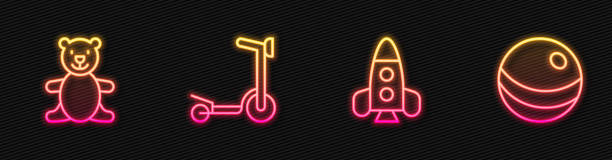 istock Set line Rocket ship toy, Teddy bear plush, Roller scooter and Beach ball. Glowing neon icon. Vector 2184969666