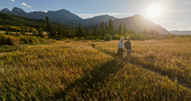 istock Mature couple hike in meadow in autumn 2184971686