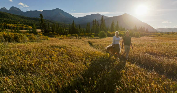 istock Mature couple hike in meadow in autumn 2184971694
