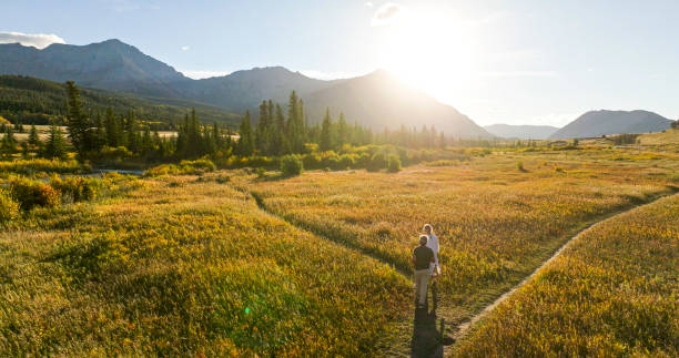 istock Aerial view of mature couple at fork in pathway 2184971759