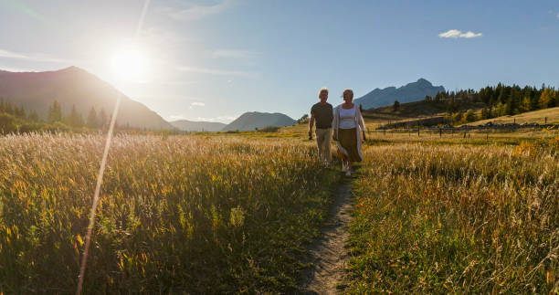 istock Mature couple hike in meadow in autumn 2184971783
